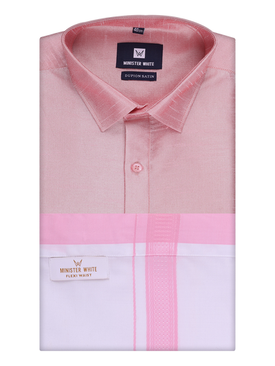 Mens Light Pink Dupion Satin Shirt with Matching Border Flexi Dhoti Combo Gora Flexi by Minister White