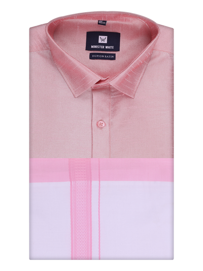 Mens Light Pink Dupion Satin Shirt with Matching Border Dhoti Combo Gora by Minister White