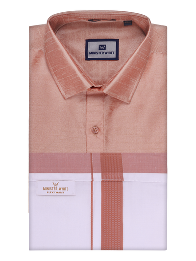Mens Light Brown Dupion Satin Shirt with Matching Border Flexi Dhoti Combo Gora Flexi by Minister White
