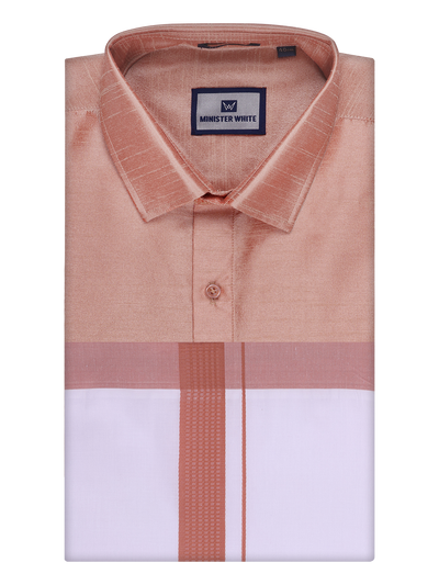 Mens Light Brown Dupion Satin Shirt with Matching Border Dhoti Combo Gora by Minister White