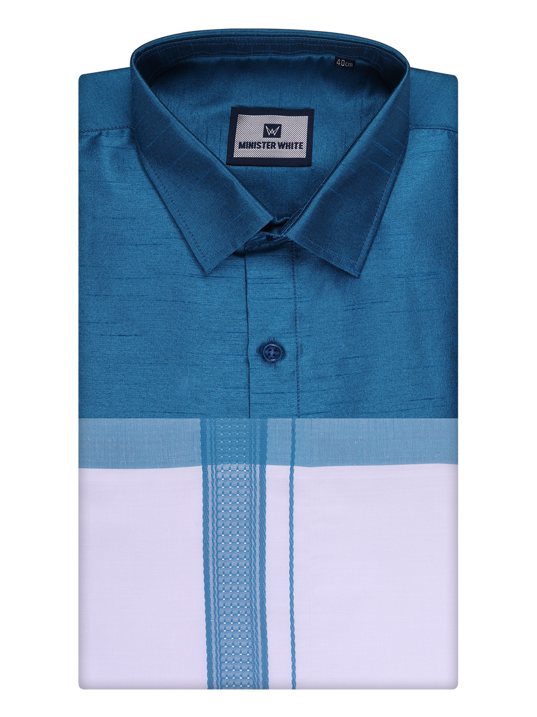 Mens Ramar Blue Dupion Satin Color Shirt with Matching Border Dhoti Combo Gora by Minister White
