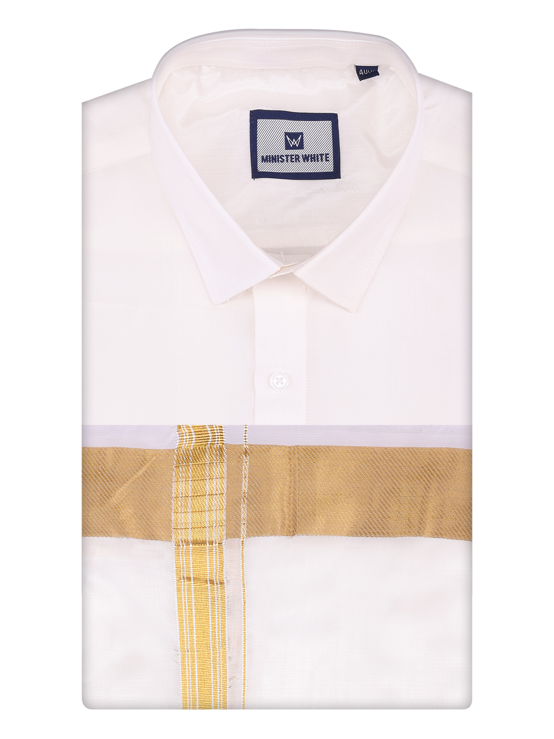 Men's Art Silk Half White Full Sleeves Shirt with 100k Gold Jari Border Dhoti Combo Finesse