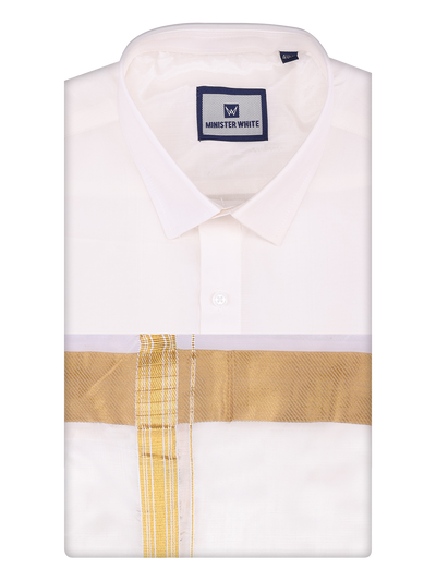 Men's Art Silk Half White Full Sleeves Shirt with 100k Gold Jari Border Dhoti Combo Finesse