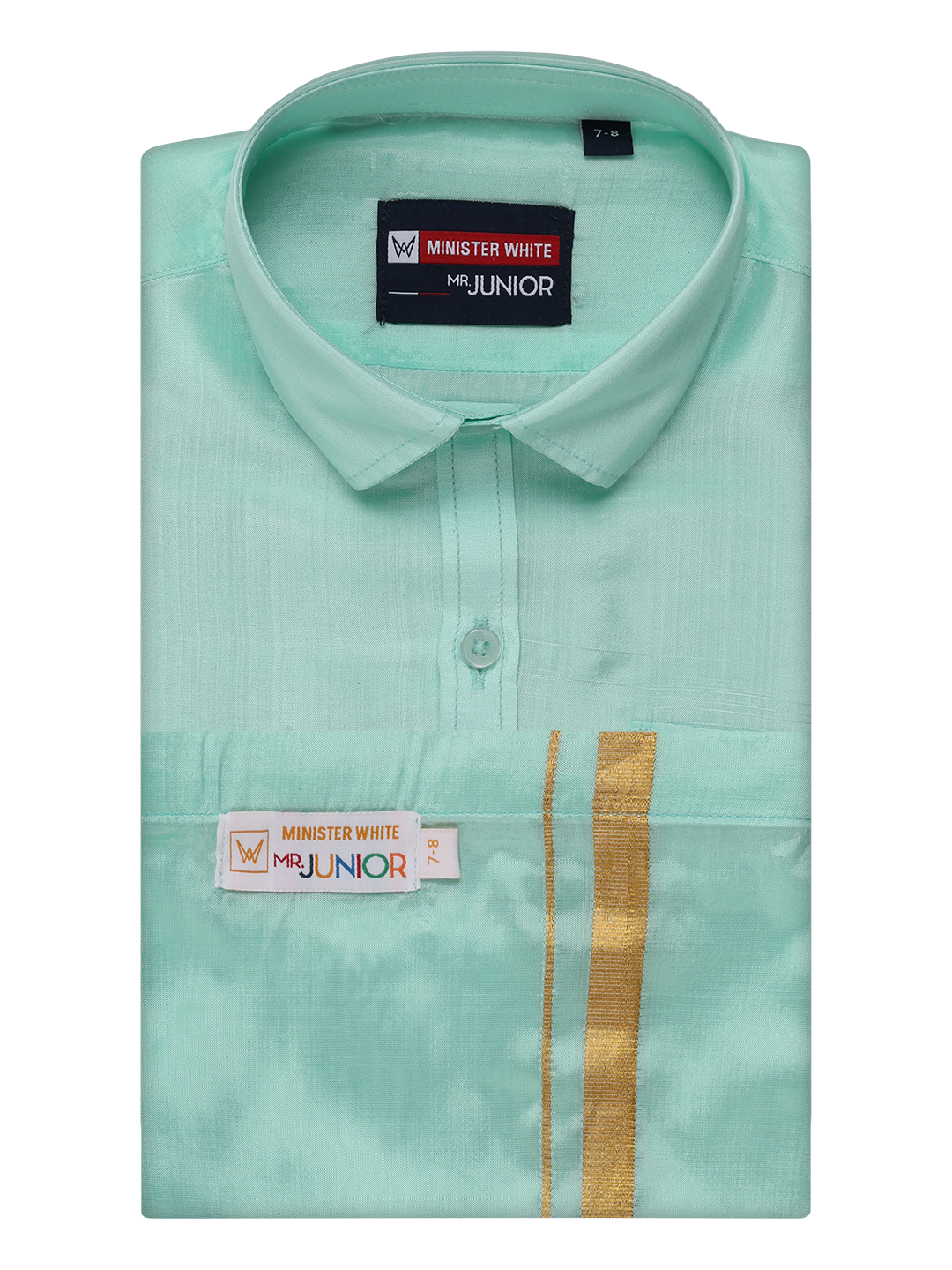 Boys Mint Leaf Green Matching Art Silk Shirt and Flexi Dhoti Combo Poppins by Minister White