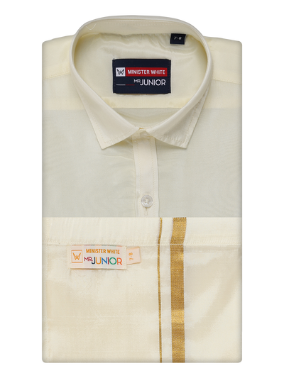 Boys Cream Gold Matching Art Silk Shirt and Flexi Dhoti Combo Poppins by Minister White