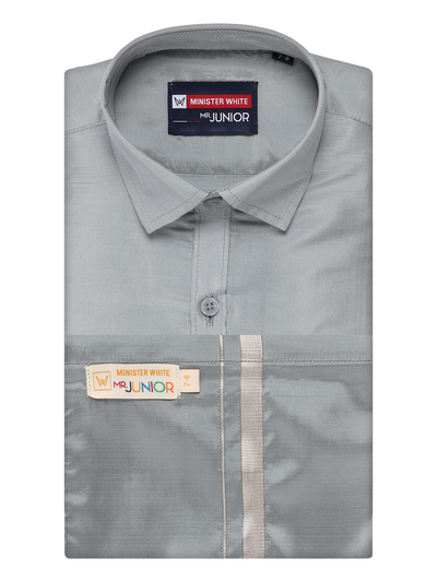 Boys Steel Grey Matching Art Silk Shirt and Flexi Dhoti Combo Poppins by Minister White