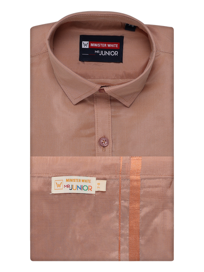 Boys Dark Copper Matching Art Silk Shirt and Flexi Dhoti Combo Poppins By Minister White
