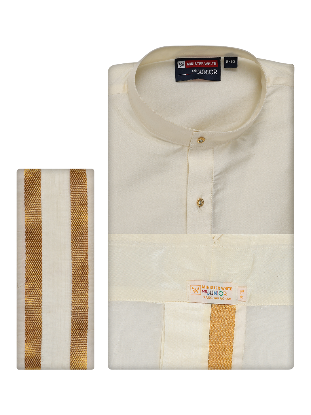 Boys Art Silk Cream Kurta Readymade Panchakacham Combo with Gold Jari Border Azure by Minister White 1