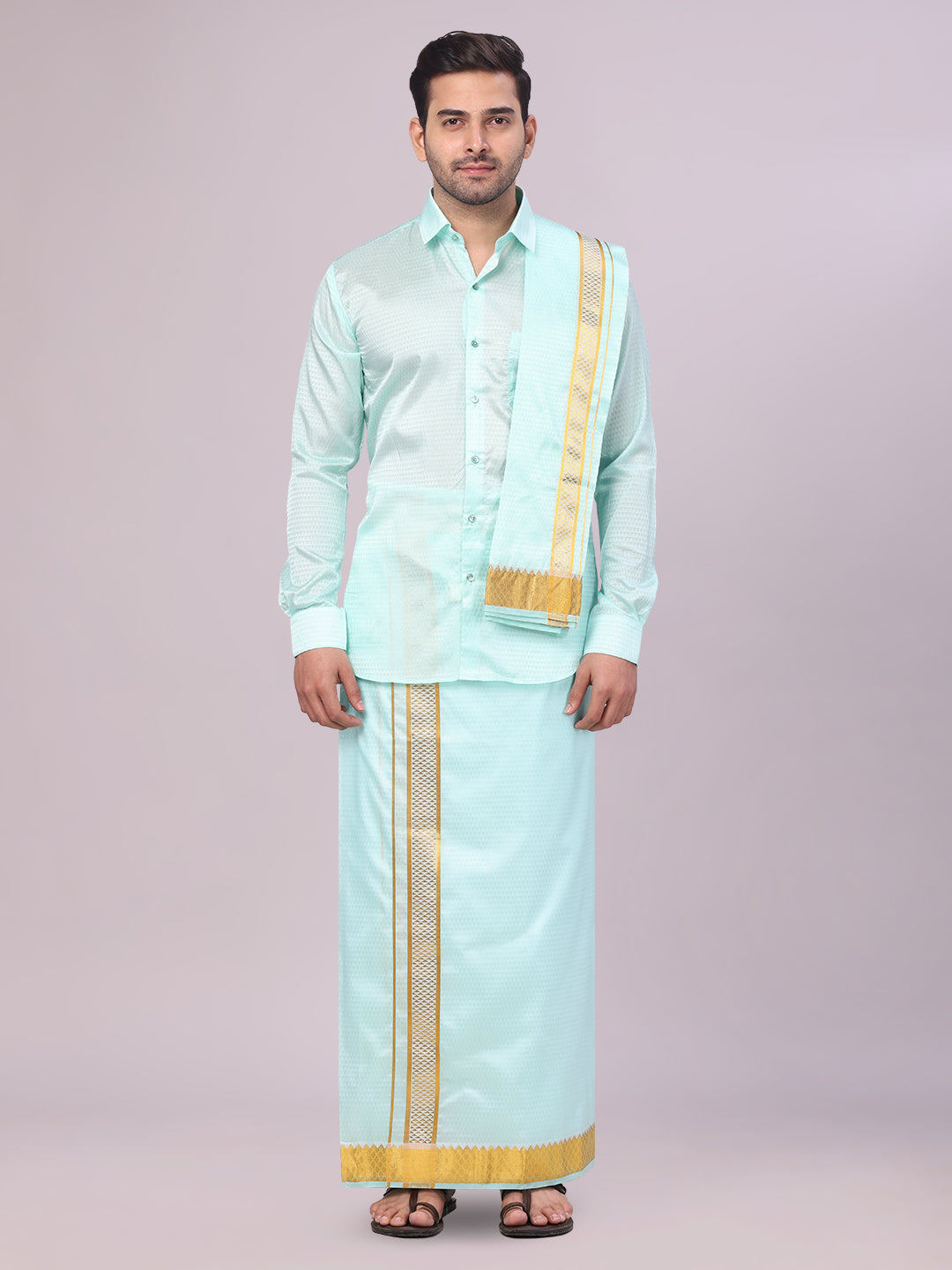 Men's Art Silk Mint Gold Jacquard Full Sleeves Shirt with 2 1/2"  Jari Border & Towel Dhoti Combo Nautica