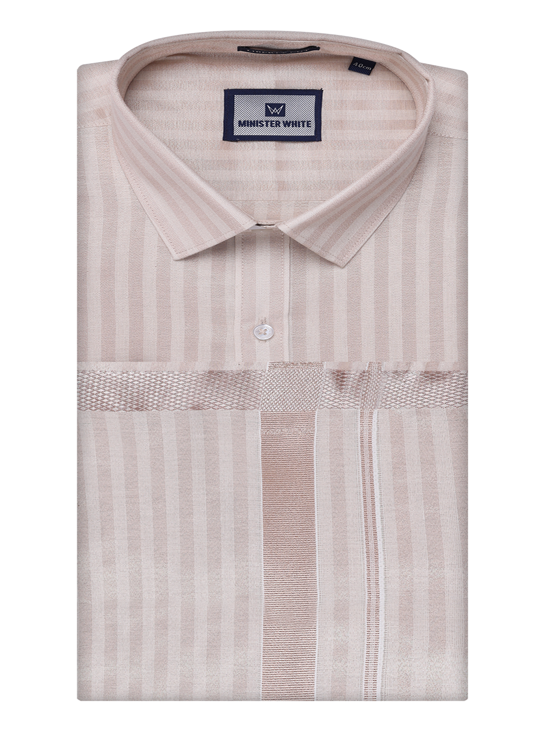 Mens Tissue Stripes Almond Shirt & Jari Border Dhoti Wedding Combo Finely by Minister White