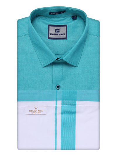 Men's Light Blue Shirt with Matching Border Flexi Dhoti Combo Casper Flexi by Minister White