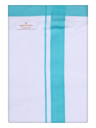 Men's Cotton White Flexi Dhoti with Light Blue Border by Minister White