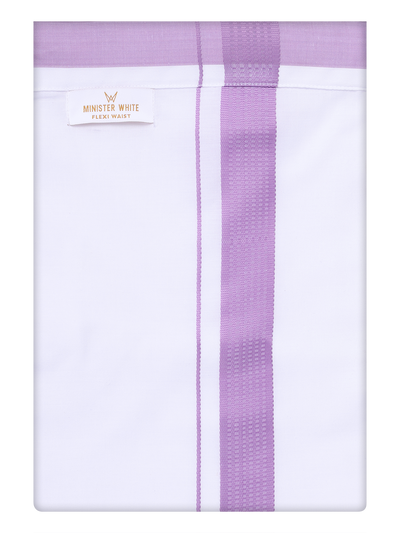 Mens Cotton White Flexi Dhoti with Light Purple Border by Minister White