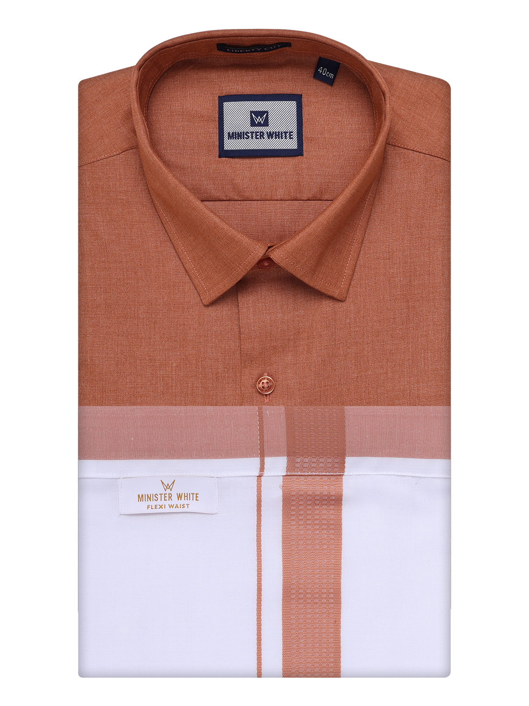 Mens Cotton Brown Shirt with Matching Border Flexi Dhoti Combo Casper Flexi by Minister White