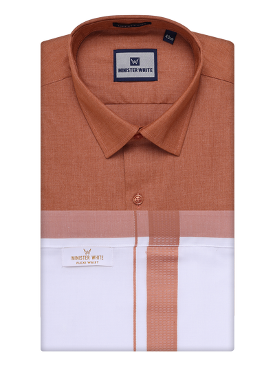 Mens Cotton Brown Shirt with Matching Border Flexi Dhoti Combo Casper Flexi by Minister White