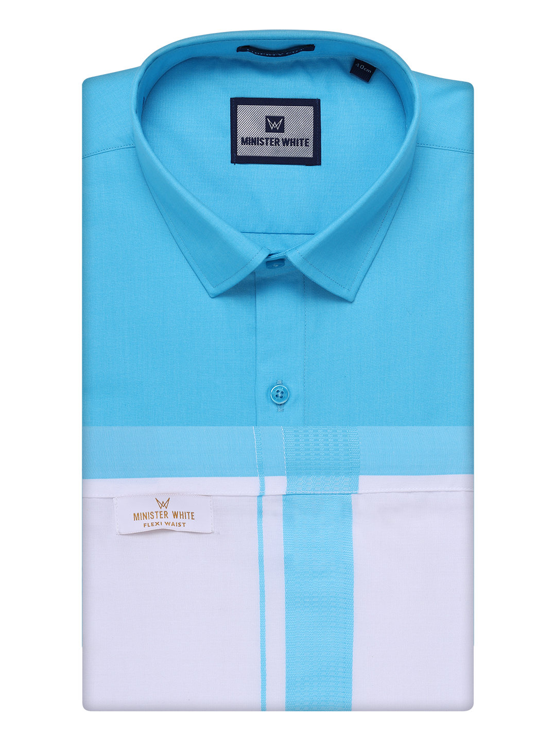 Mens Sky Blue Shirt with Matching Border Flexi Dhoti Combo Casper Flexi by Minister White