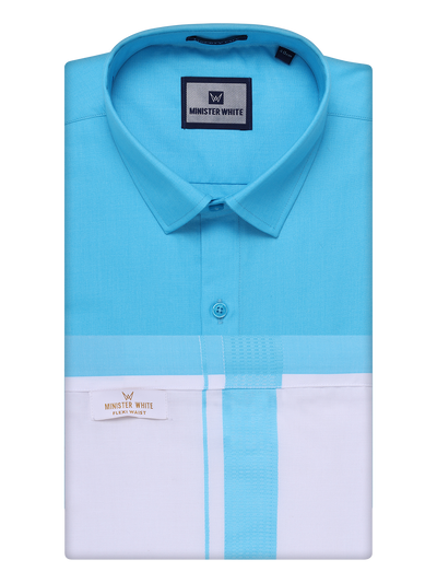 Mens Sky Blue Shirt with Matching Border Flexi Dhoti Combo Casper Flexi by Minister White
