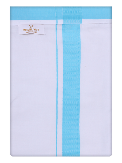 Mens Cotton White Flexi Dhoti with Sky Blue Border by Minister White