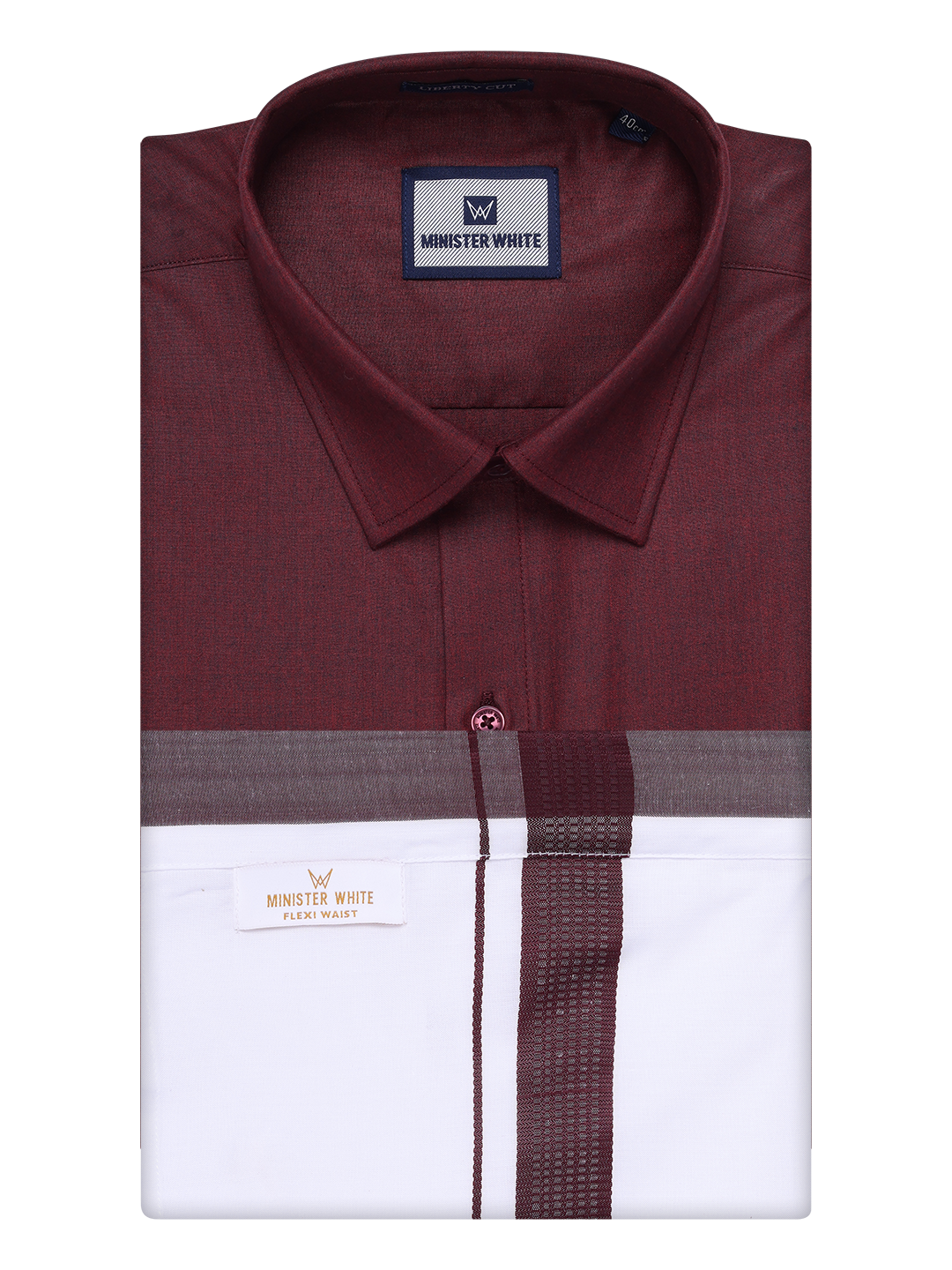 Mens Maroon Shirt with Matching Border Flexi Dhoti Combo Casper Flexi by Minister White
