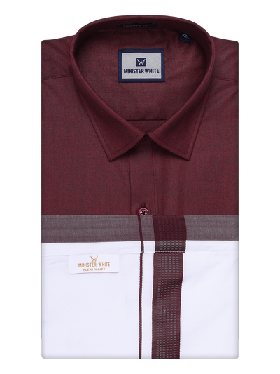 Mens Maroon Shirt with Matching Border Flexi Dhoti Combo Casper Flexi by Minister White