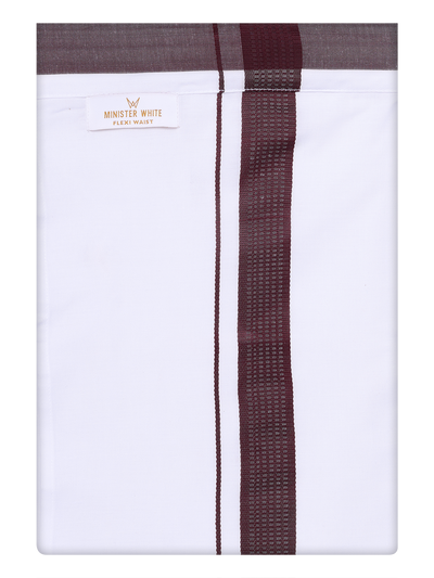 Mens Cotton White Flexi Dhoti with Maroon Border by Minister White