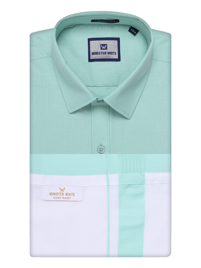 Mens See Green Shirt with Matching Border Flexi Dhoti Combo Casper Flexi by Minister White