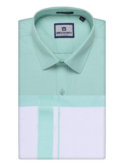 Mens Sea Green Color Shirt with Matching Border Dhoti Combo Casper by Minister White