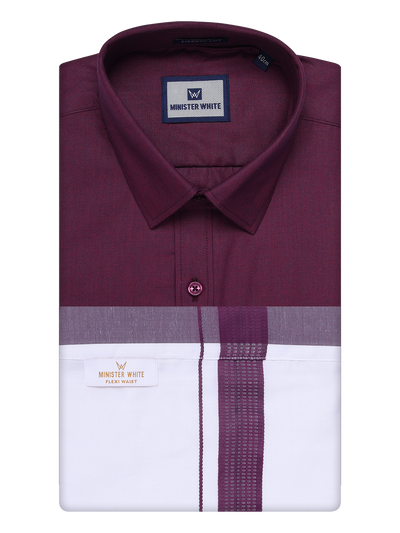 Mens Dark Wine Shirt with Matching Border Flexi Dhoti Combo Casper Flexi by Minister White