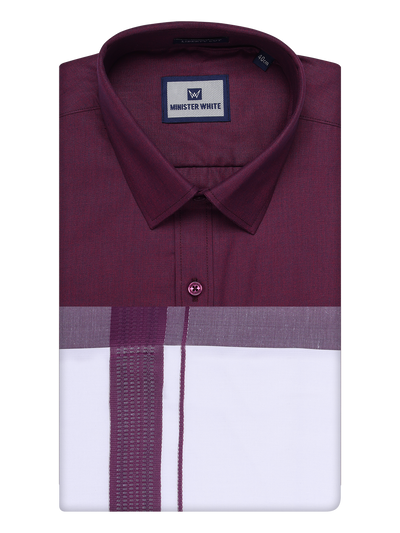 Mens Dark Wine Color Shirt with Matching Border Dhoti Combo Casper by Minister White