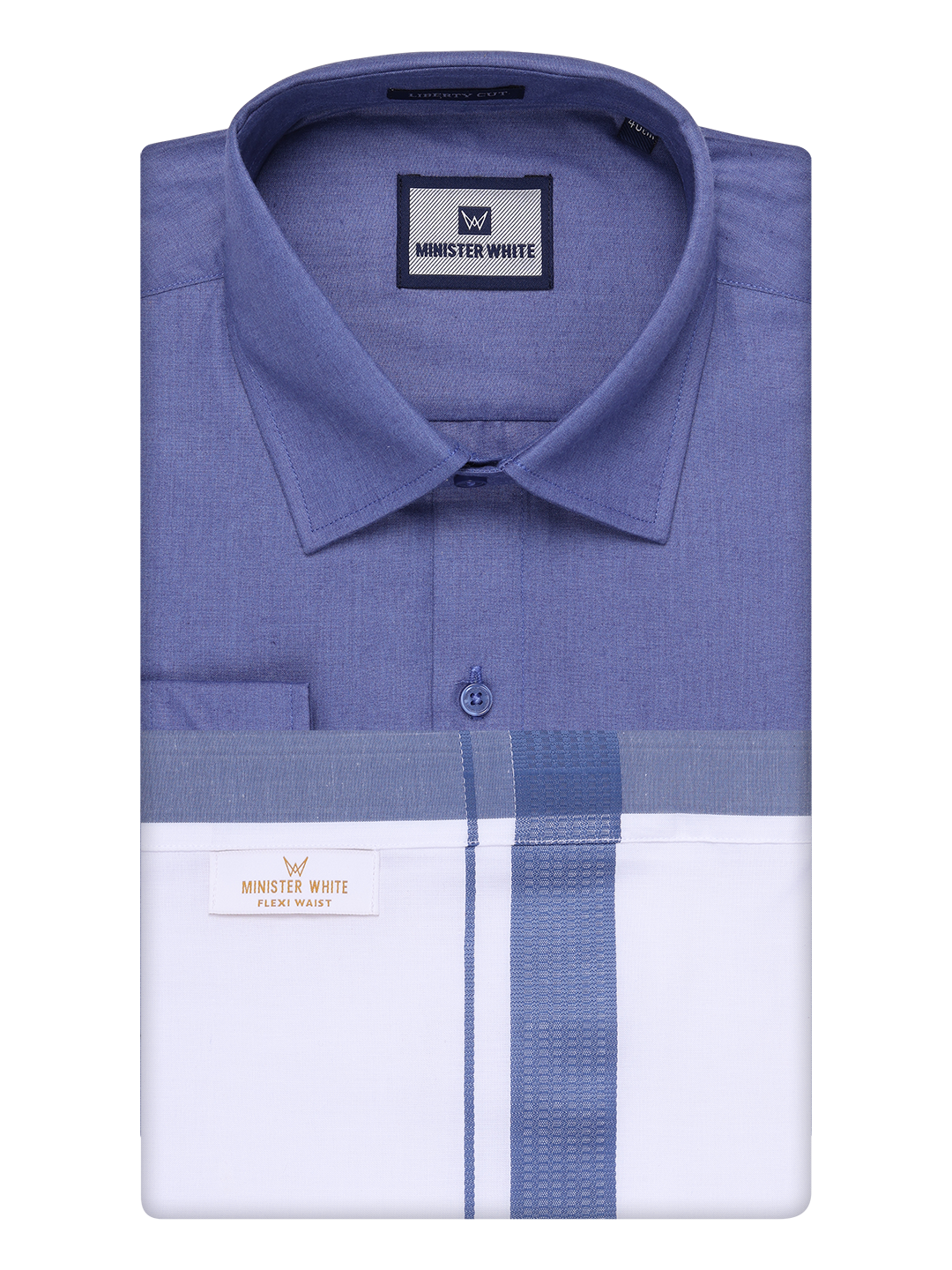Mens Cotton Blue Color Shirt with Matching Border Flexi Dhoti Combo Casper Flexi by Minister White