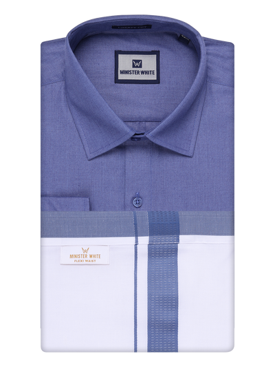 Mens Cotton Blue Color Shirt with Matching Border Flexi Dhoti Combo Casper Flexi by Minister White