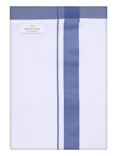 Mens Cotton Flexi Dhoti with Blue Color Border by Minister White