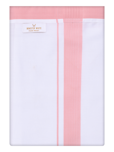 Mens Cotton Flexi Dhoti with Light Pink Color Border by Minister White