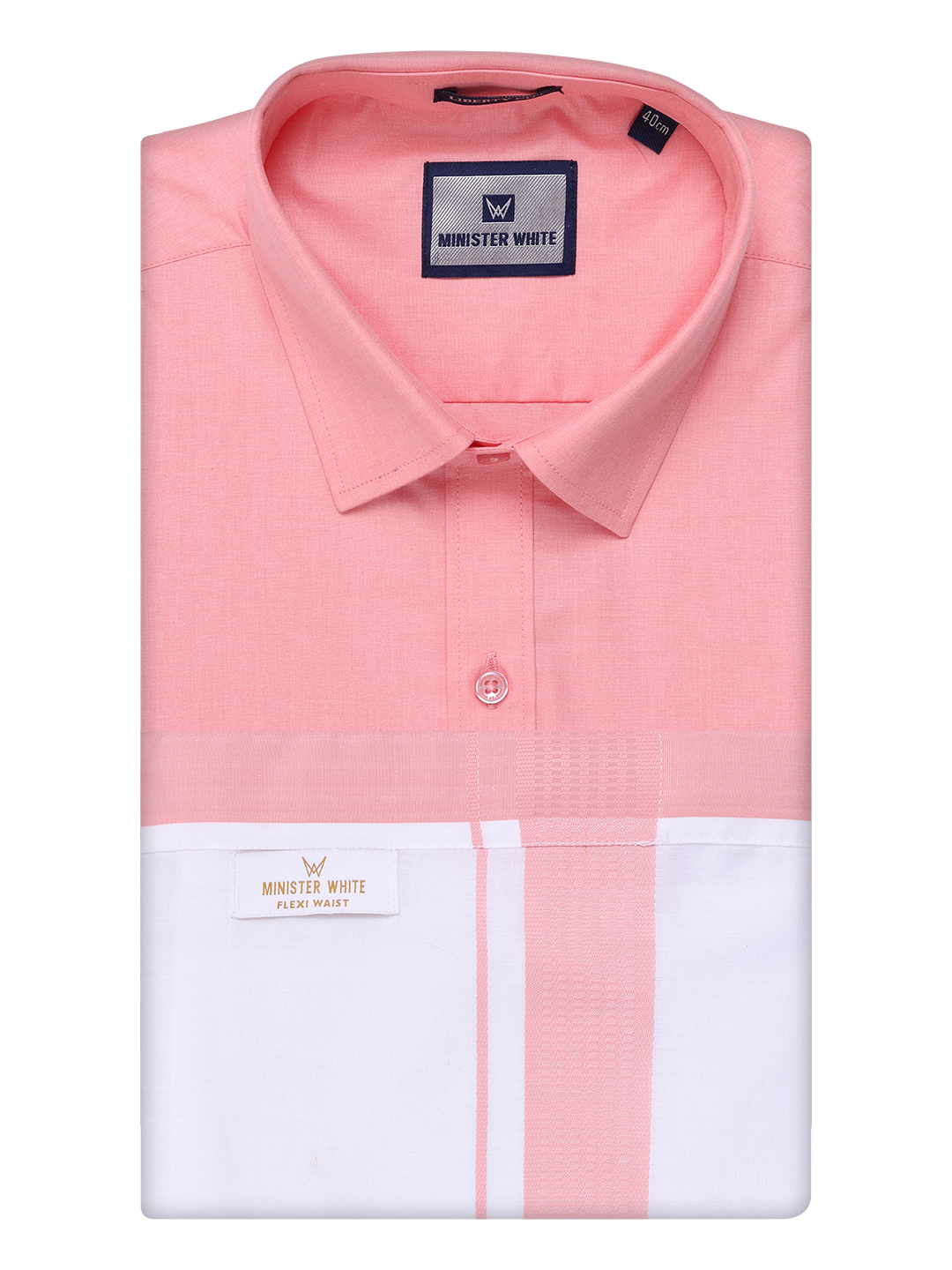 Mens Light Pink Shirt with Matching Border Flexi Dhoti Combo Casper Flexi by Minister White