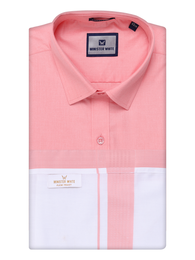 Mens Light Pink Shirt with Matching Border Flexi Dhoti Combo Casper Flexi by Minister White