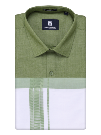 Mens Light Green Color Shirt with Matching Border Dhoti Combo Casper by Minister White