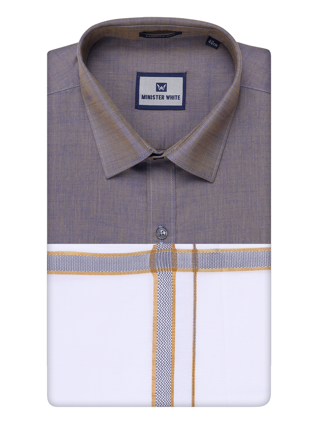 Men's Ash Grey Shirt with Matching Border Dhoti Combo Pinto by Minister White