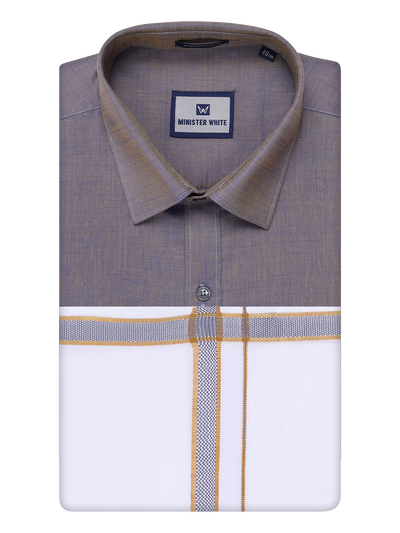 Men's Ash Grey Shirt with Matching Border Dhoti Combo Pinto by Minister White