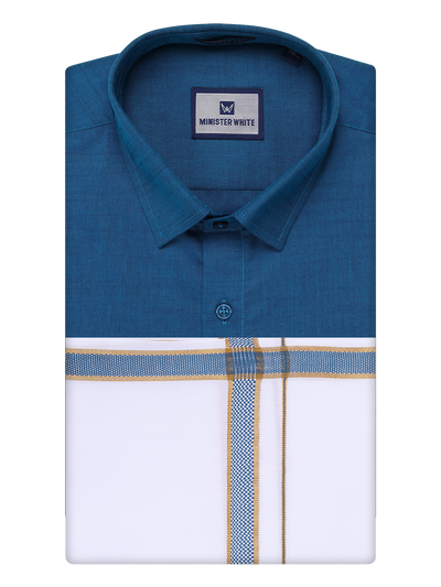 Mens Peacock Shirt with Matching Border Dhoti Combo Pinto by Minister White