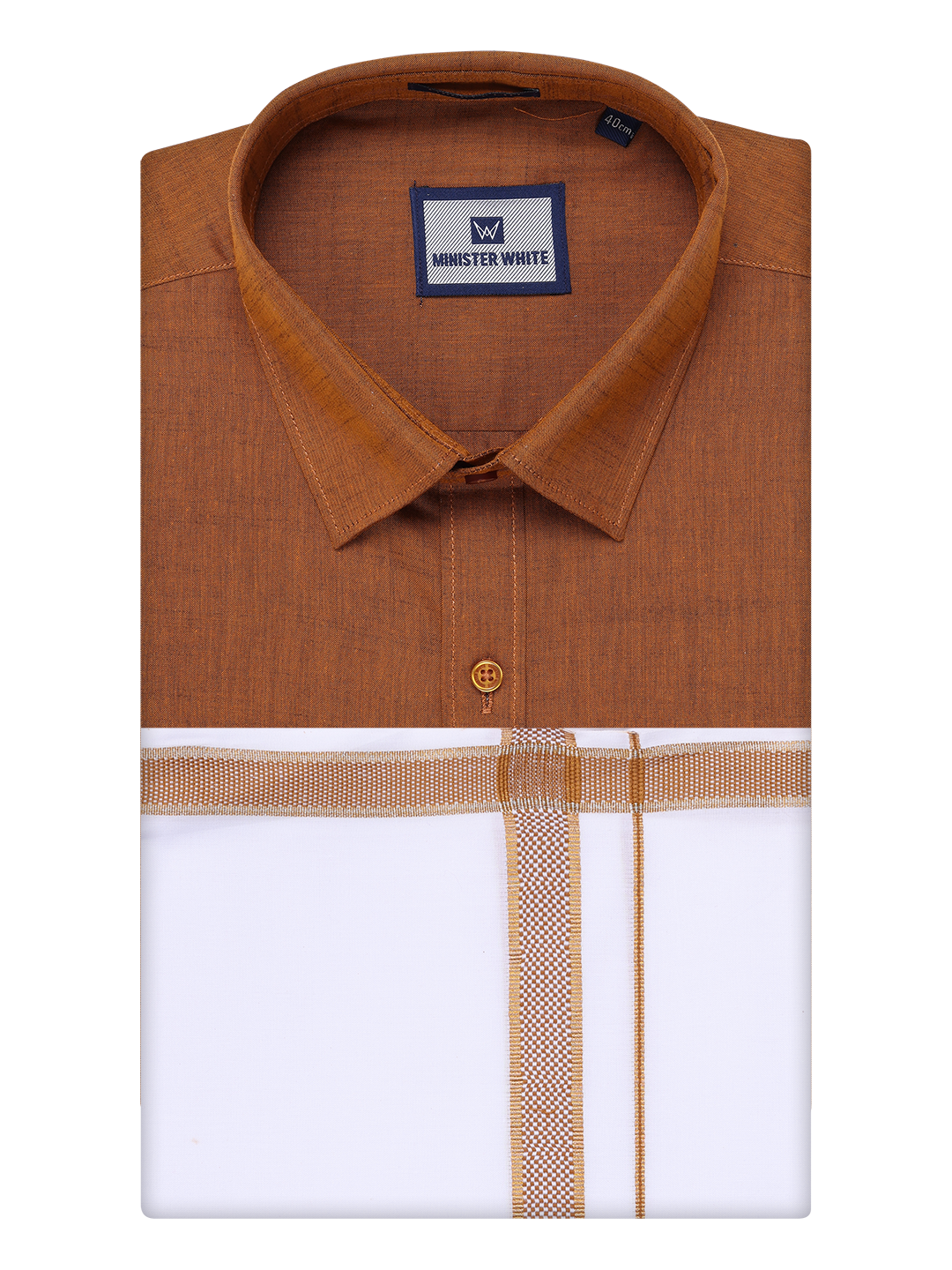 Mens Light Brown Shirt with Matching Border Dhoti Combo Pinto by Minister White
