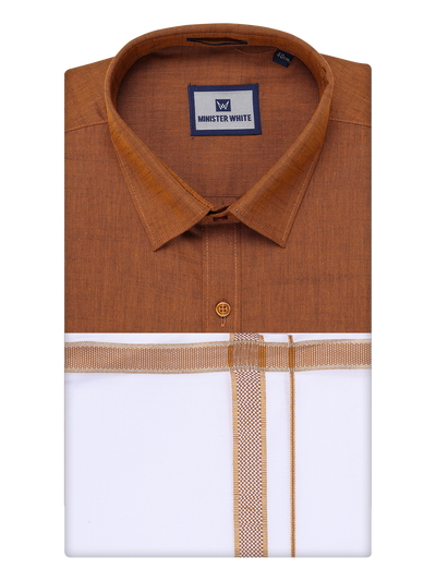 Mens Light Brown Shirt with Matching Border Dhoti Combo Pinto by Minister White