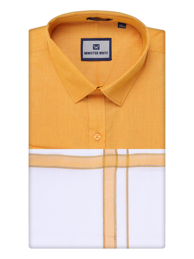 Mens Yellow Shirt with Matching Border Dhoti Combo Pinto by Minister White
