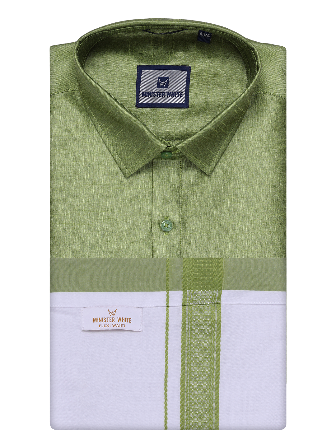 Mens Green Dupion Satin Shirt with Matching Border Flexi Dhoti Combo Gora Flexi by Minister White