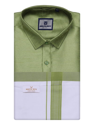 Mens Green Dupion Satin Shirt with Matching Border Flexi Dhoti Combo Gora Flexi by Minister White