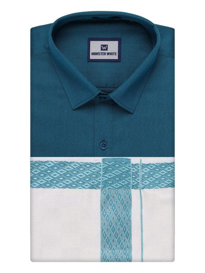 Men's Cotton Steel Blue Shirt and Airtex Matching Border Dhoti Combo Nector