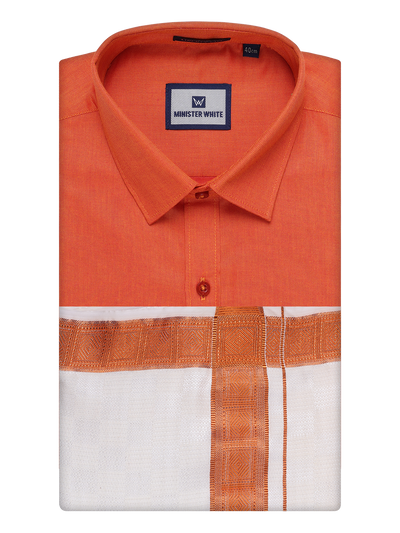 Men's Cotton Brick Shirt and Airtex Matching Border Dhoti Combo Nector