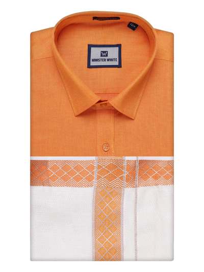 Men's Cotton Orange Shirt and Airtex Matching Border Dhoti Combo Nector