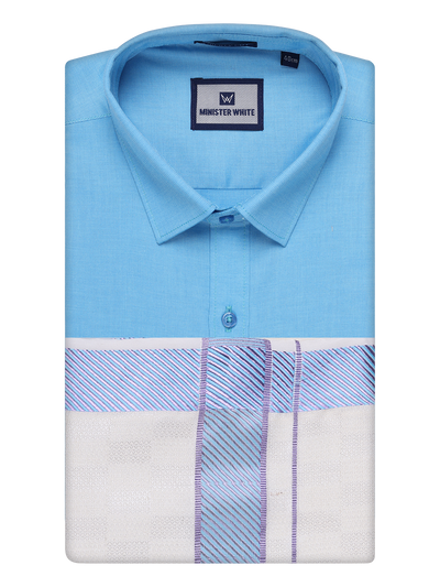 Men's Cotton Sky Blue Shirt and Airtex Matching Border Dhoti Combo Nector
