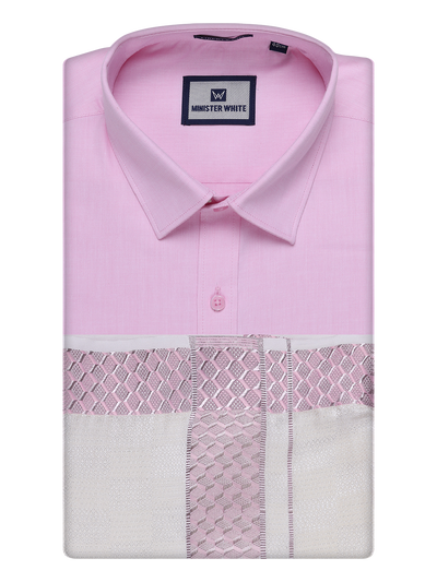 Men's Cotton Light Rose Shirt and Airtex Matching Border Dhoti Combo Nector