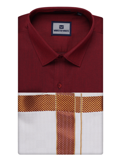 Men's Cotton Maroon Shirt and Airtex Matching Border Dhoti Combo Nector